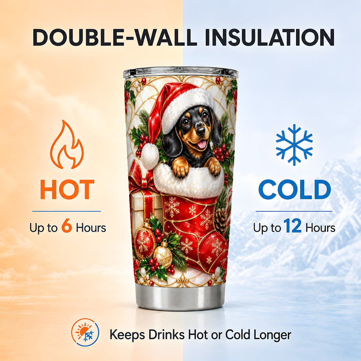 Stained Glass Dachshund Tumbler 20oz, Christmas Steel Travel Cup