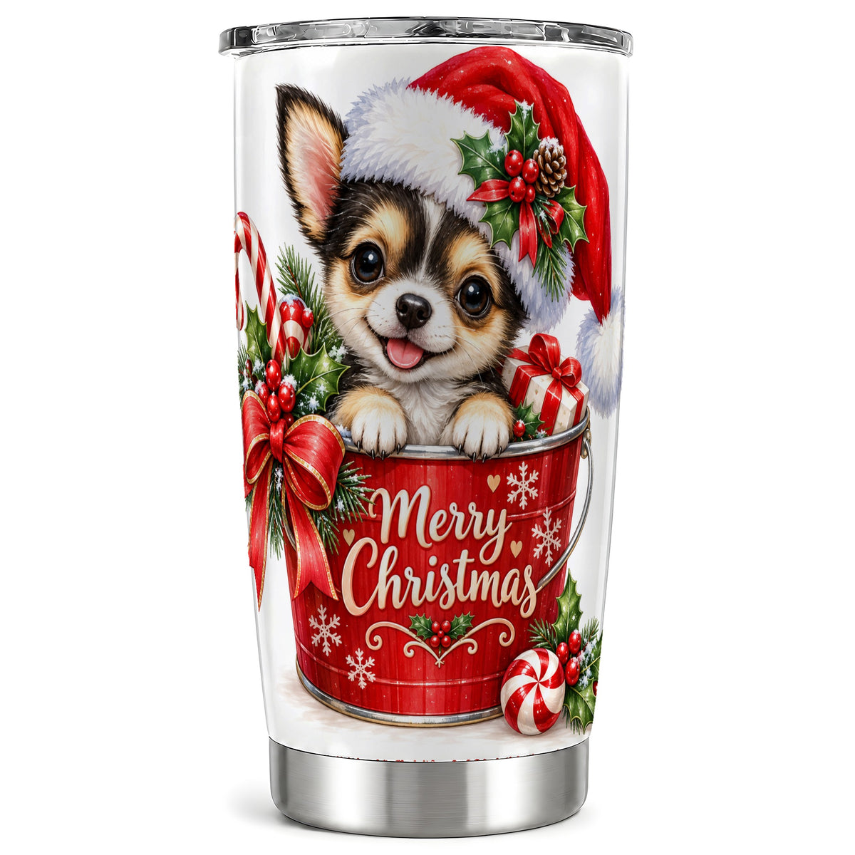 Merry Christmas Chihuahua Tumbler 20oz, Puppy Stainless Steel Travel Cup