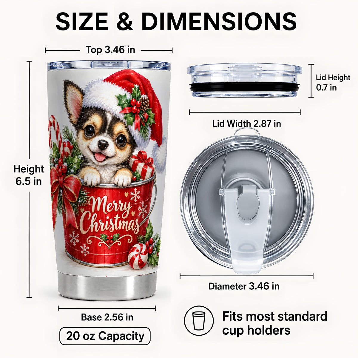#pl[20oz|Steel] Merry Christmas Chihuahua Tumbler 20oz, Puppy Stainless Steel Travel Cup