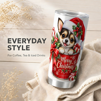 Merry Christmas Chihuahua Tumbler 20oz, Puppy Stainless Steel Travel Cup