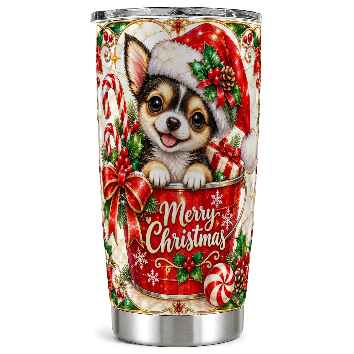 Christmas Chihuahua Tumbler 20oz, Santa Puppy Stainless Steel Travel Cup
