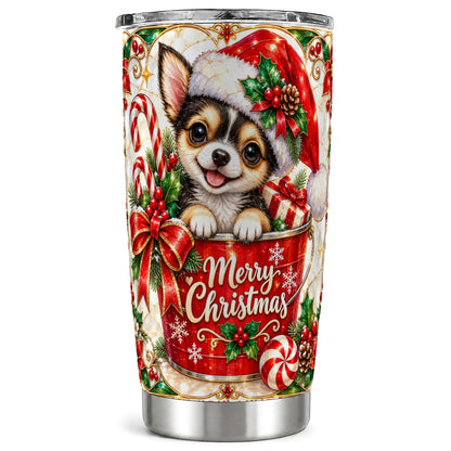 Christmas Chihuahua Tumbler 20oz, Santa Puppy Stainless Steel Travel Cup