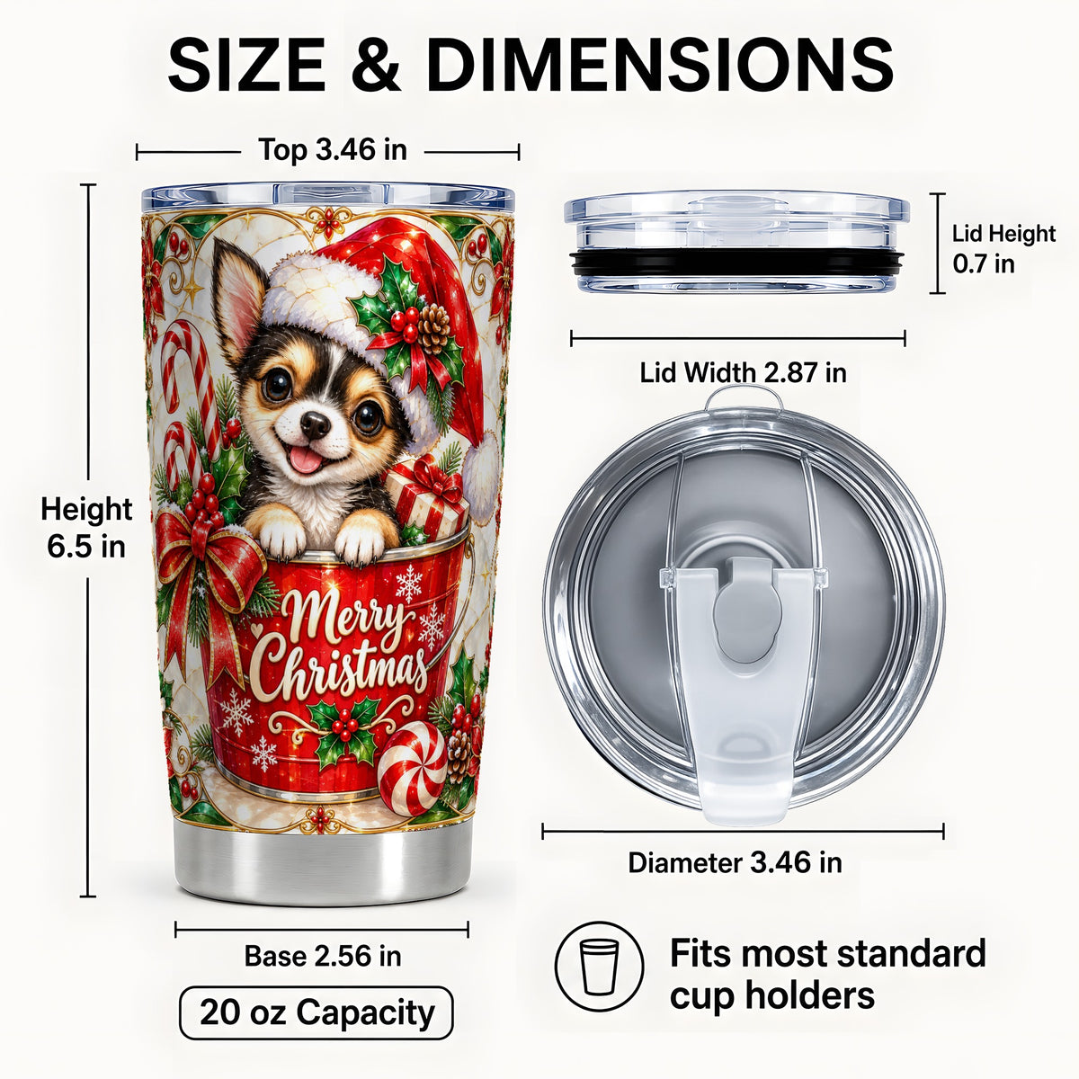 #pl[20oz|Steel] Christmas Chihuahua Tumbler 20oz, Santa Puppy Stainless Steel Travel Cup