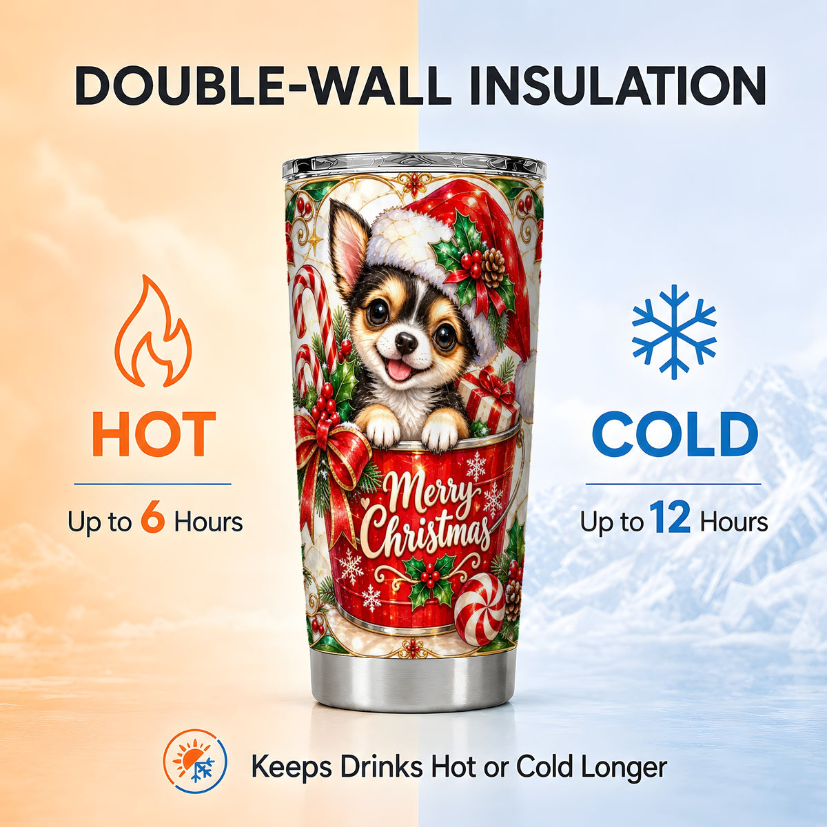 Christmas Chihuahua Tumbler 20oz, Santa Puppy Stainless Steel Travel Cup