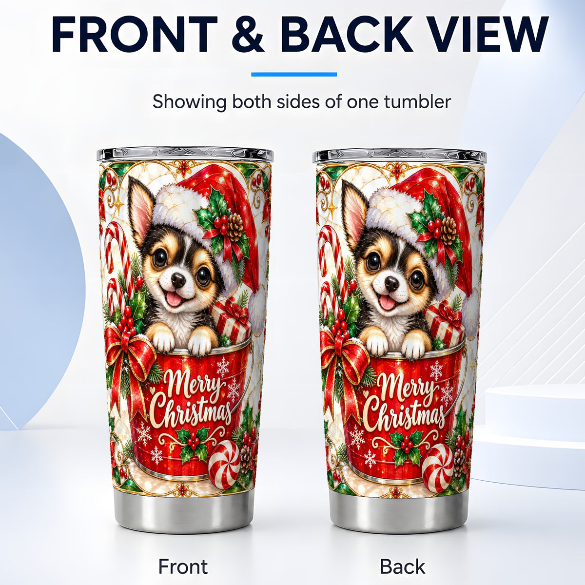 #pl[20oz|Steel] Christmas Chihuahua Tumbler 20oz, Santa Puppy Stainless Steel Travel Cup