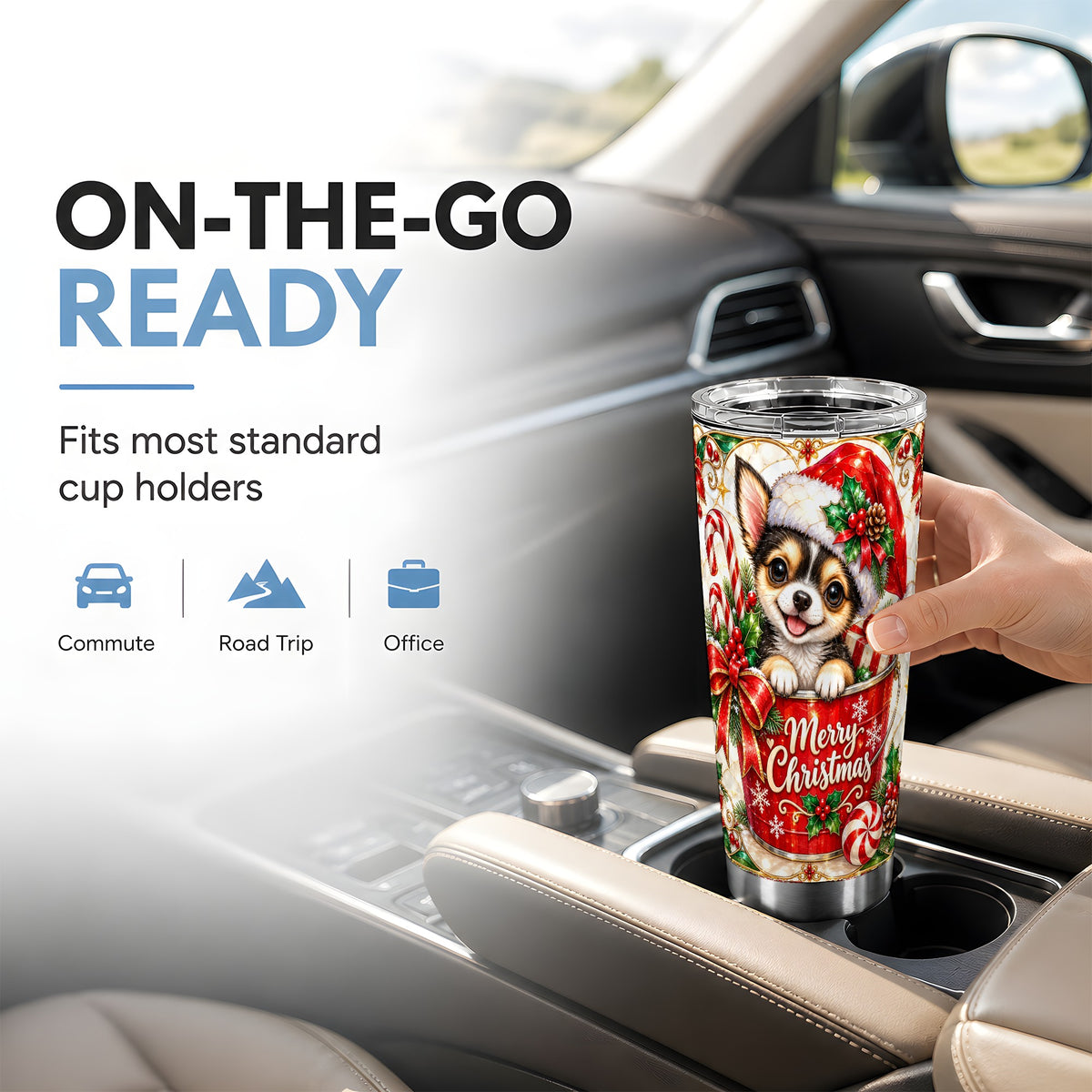 Christmas Chihuahua Tumbler 20oz, Santa Puppy Stainless Steel Travel Cup