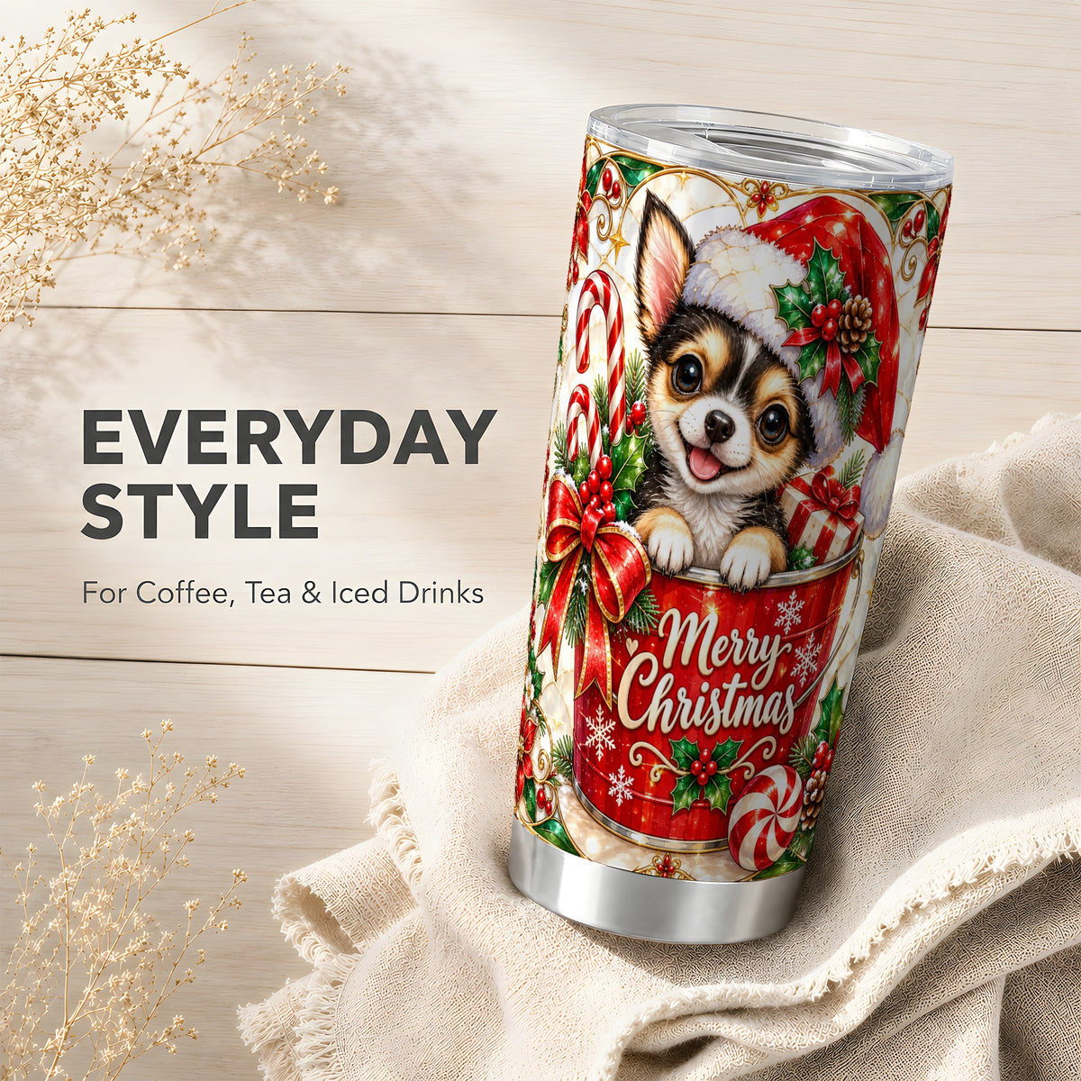 Christmas Chihuahua Tumbler 20oz, Santa Puppy Stainless Steel Travel Cup
