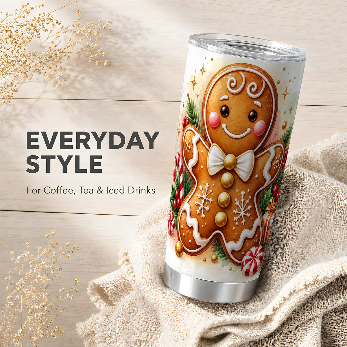 Gingerbread Man Tumbler 20oz, Christmas Cookie Stainless Steel Travel Cup