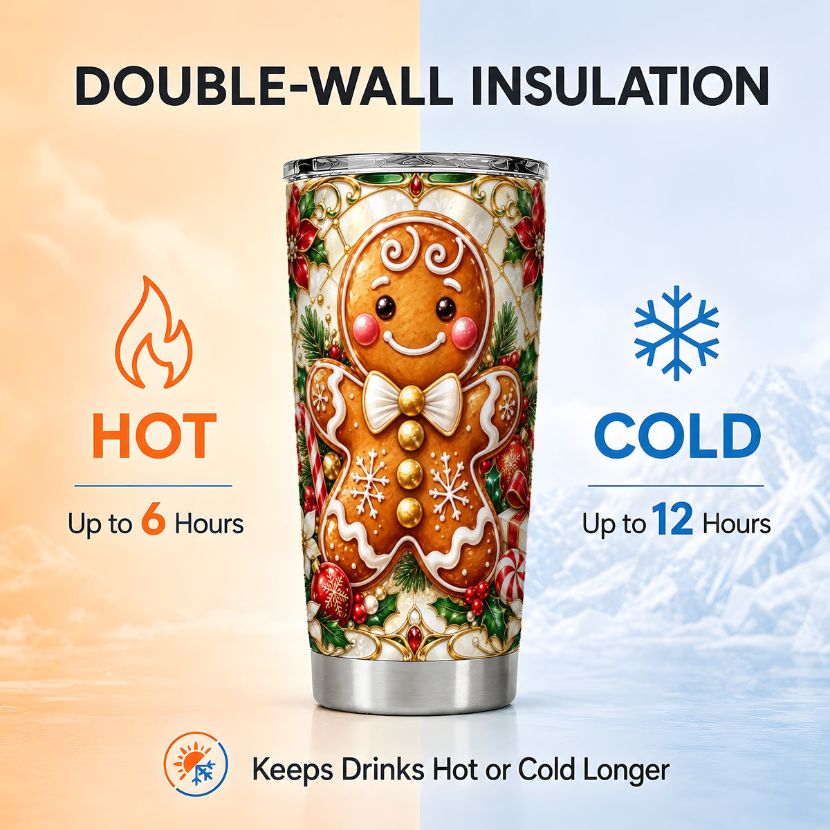 Gingerbread Man Tumbler 20oz, Festive Cookie Stainless Steel Travel Cup