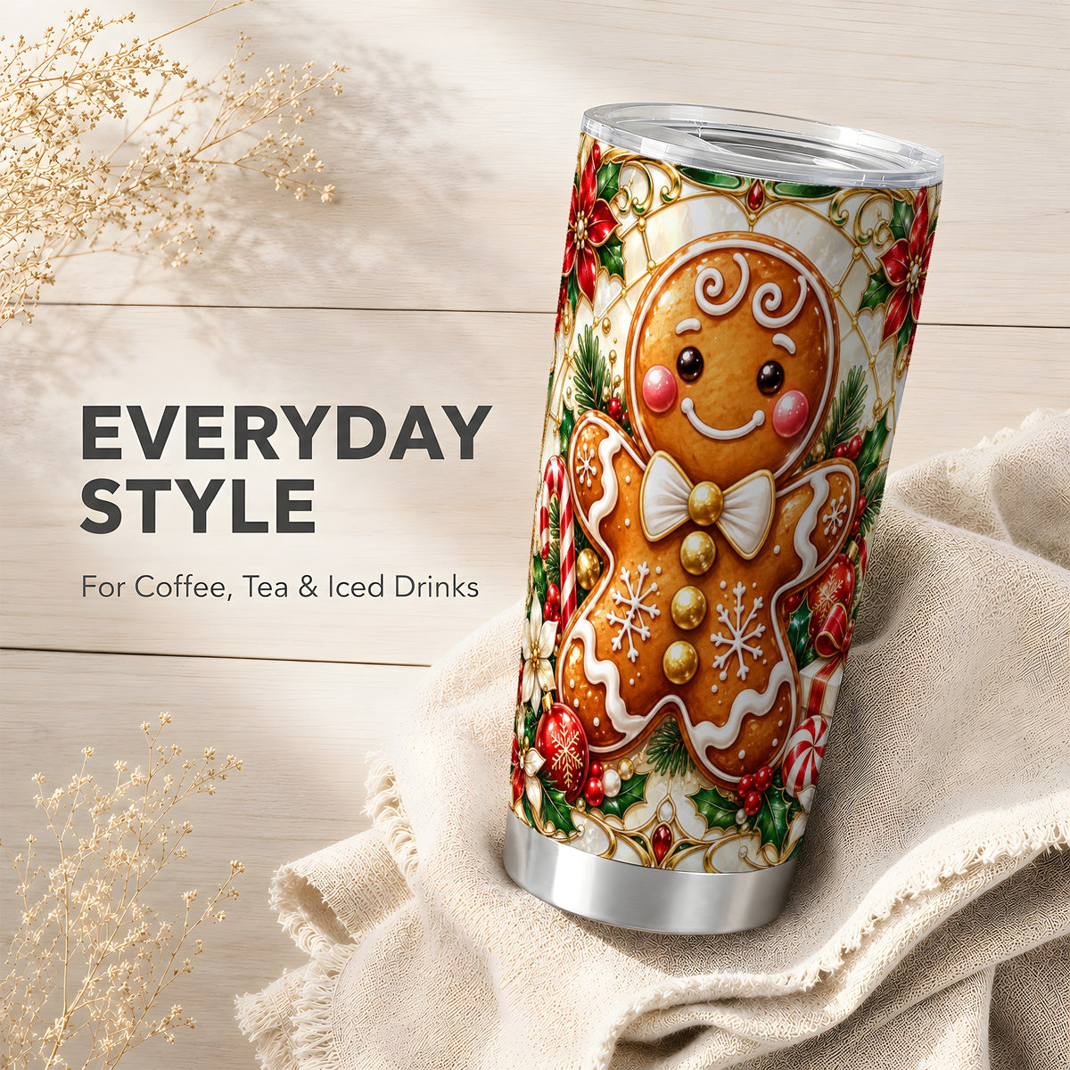 Gingerbread Man Tumbler 20oz, Festive Cookie Stainless Steel Travel Cup