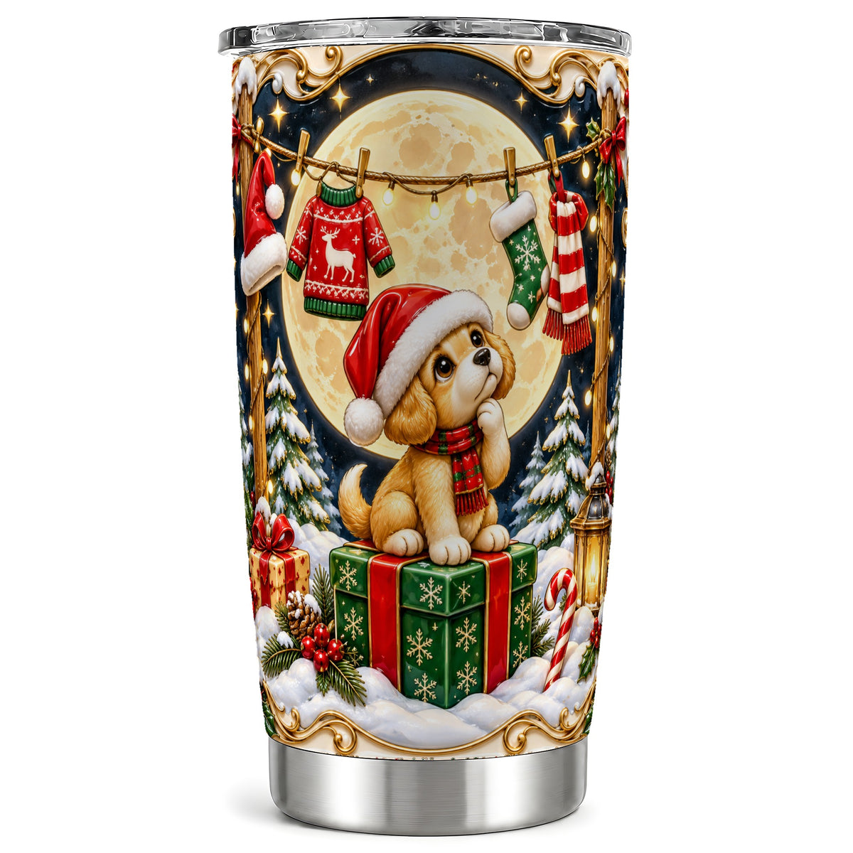 Christmas Puppy Tumbler 20oz, Santa Dog Stainless Steel Travel Cup