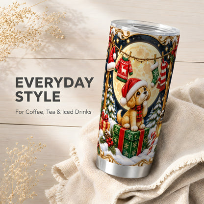 Christmas Puppy Tumbler 20oz, Santa Dog Stainless Steel Travel Cup
