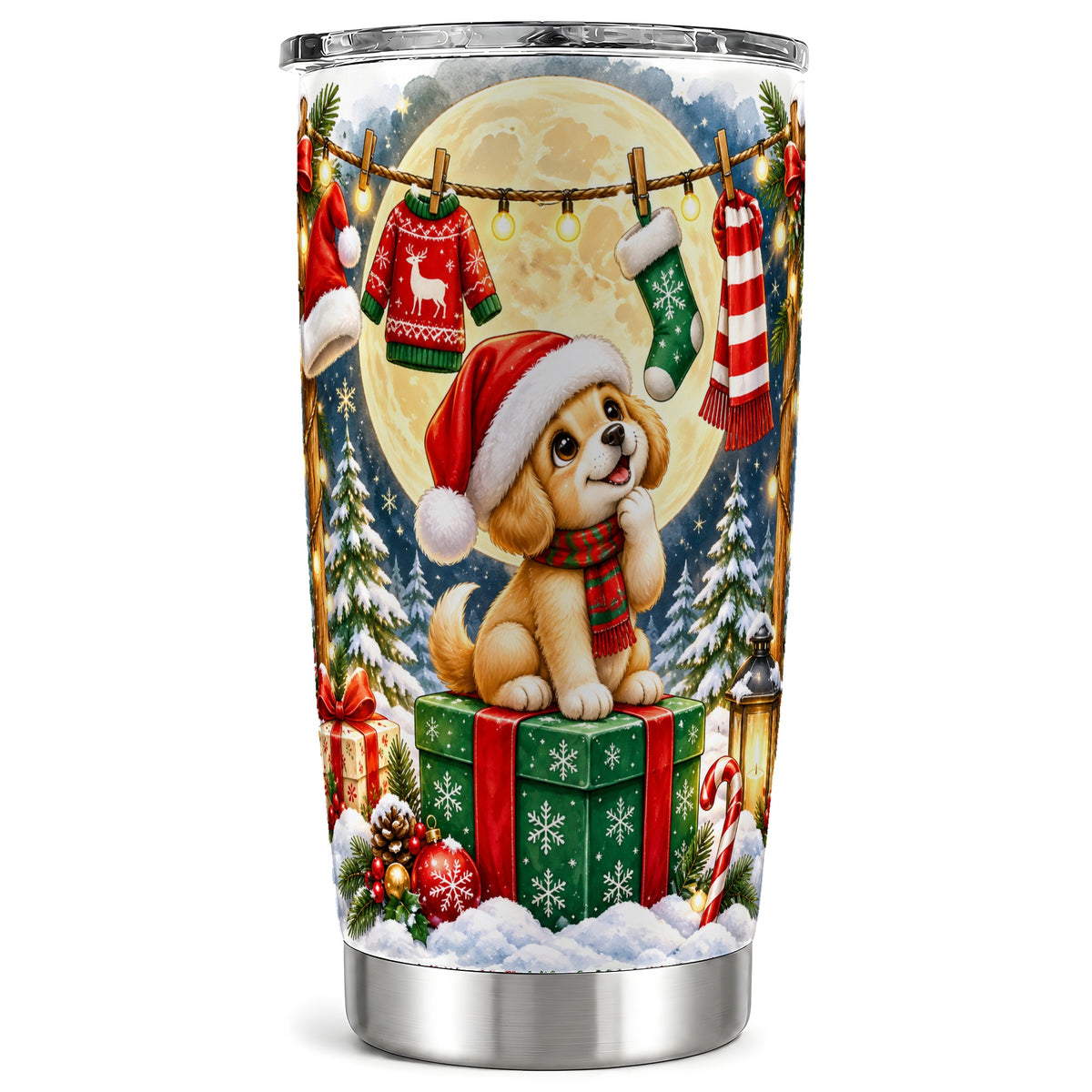 Christmas Puppy Tumbler 20oz, Golden Santa Dog Stainless Steel Travel Cup