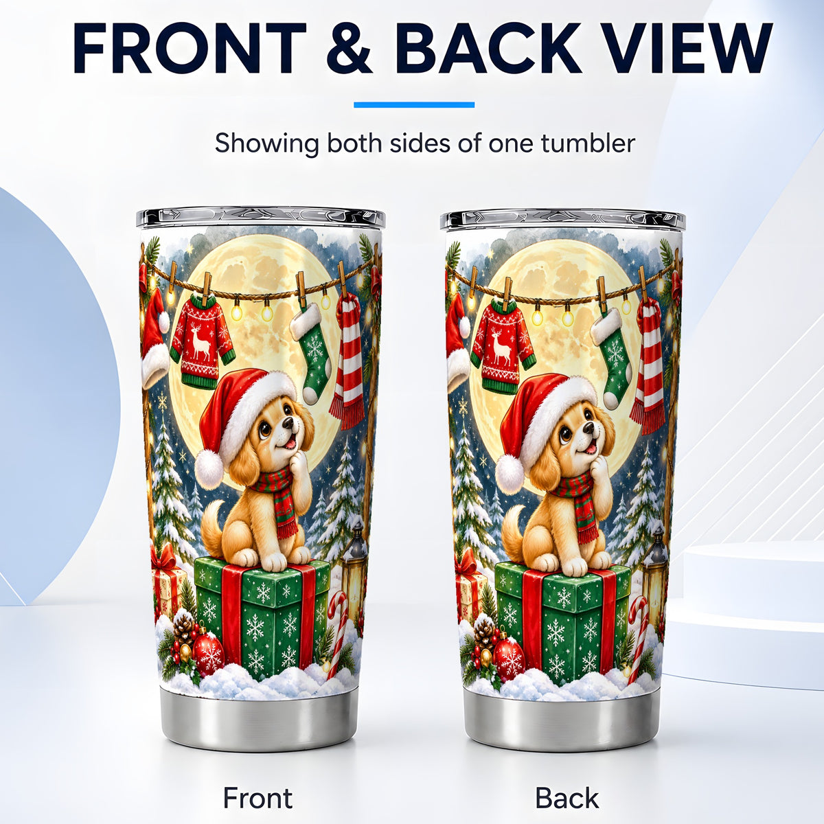 #pl[20oz|Steel] Christmas Puppy Tumbler 20oz, Golden Santa Dog Stainless Steel Travel Cup