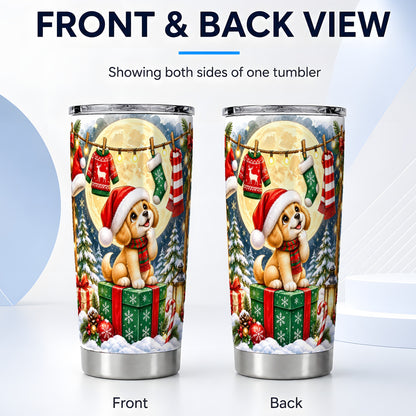 #pl[20oz|Steel] Christmas Puppy Tumbler 20oz, Golden Santa Dog Stainless Steel Travel Cup
