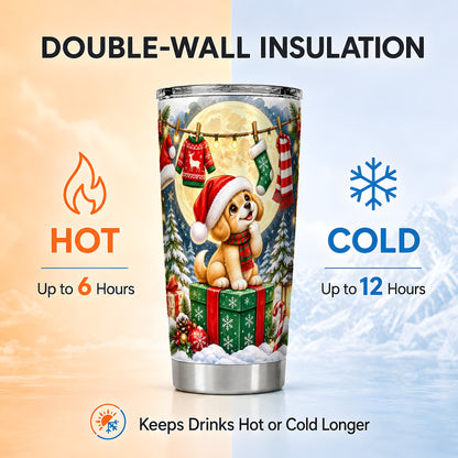 Christmas Puppy Tumbler 20oz, Golden Santa Dog Stainless Steel Travel Cup