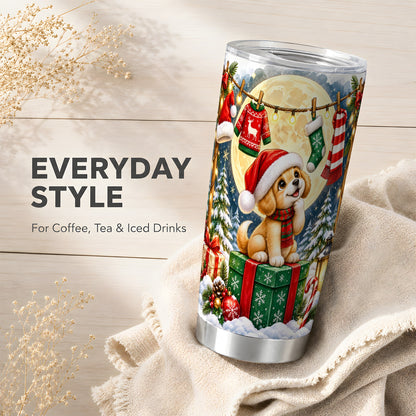 Christmas Puppy Tumbler 20oz, Golden Santa Dog Stainless Steel Travel Cup