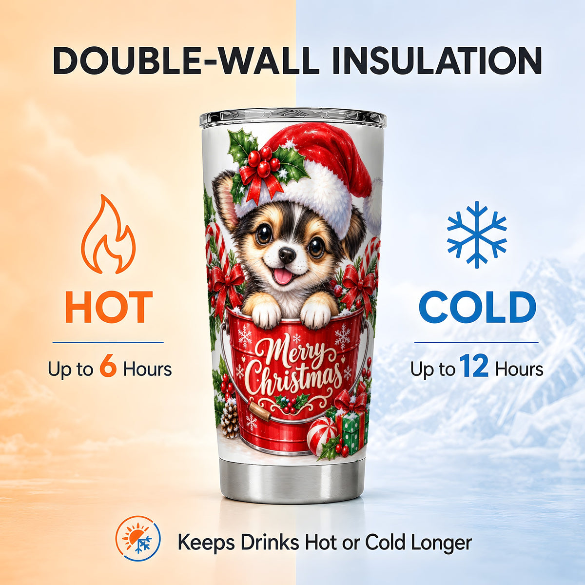 Christmas Chihuahua Tumbler 20oz, Santa Puppy Stainless Steel Travel Cup