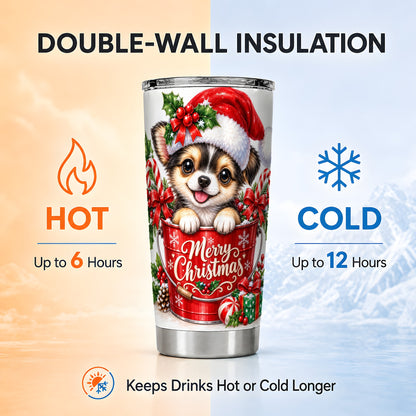 Christmas Chihuahua Tumbler 20oz, Santa Puppy Stainless Steel Travel Cup