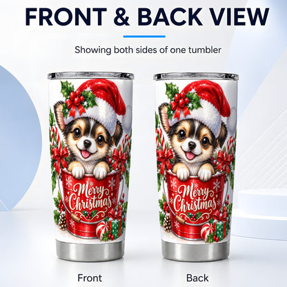 #pl[20oz|Steel] Christmas Chihuahua Tumbler 20oz, Santa Puppy Stainless Steel Travel Cup