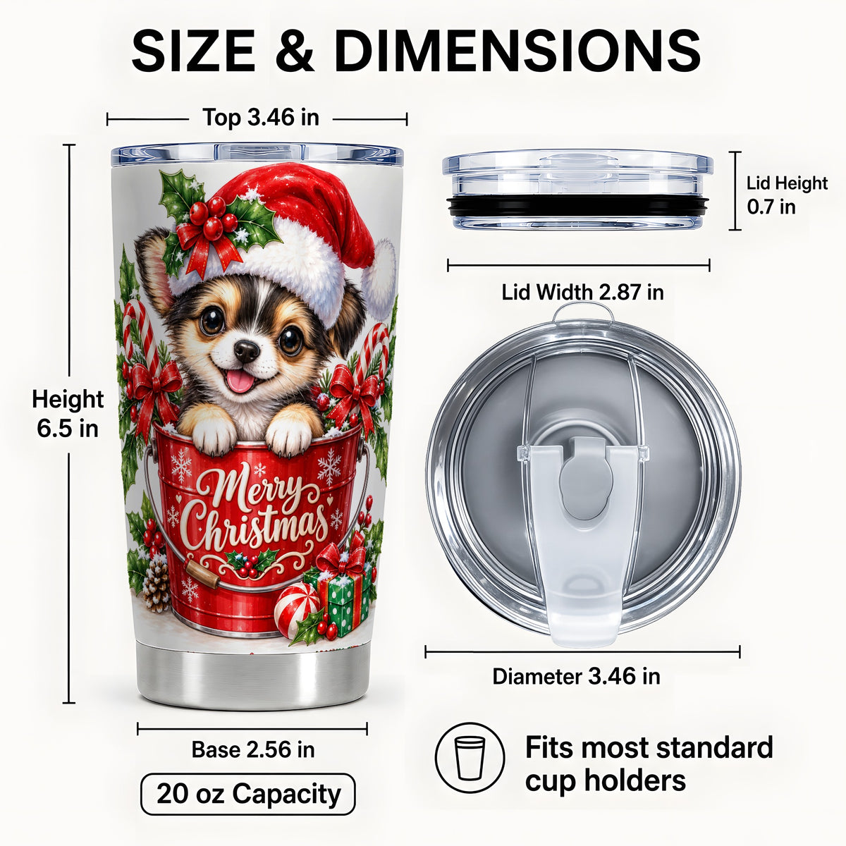 #pl[20oz|Steel] Christmas Chihuahua Tumbler 20oz, Santa Puppy Stainless Steel Travel Cup