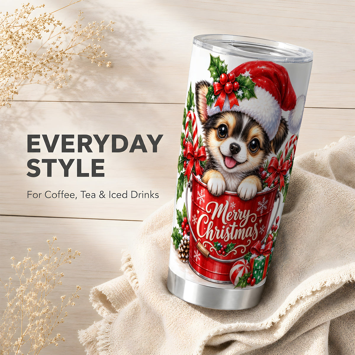 Christmas Chihuahua Tumbler 20oz, Santa Puppy Stainless Steel Travel Cup