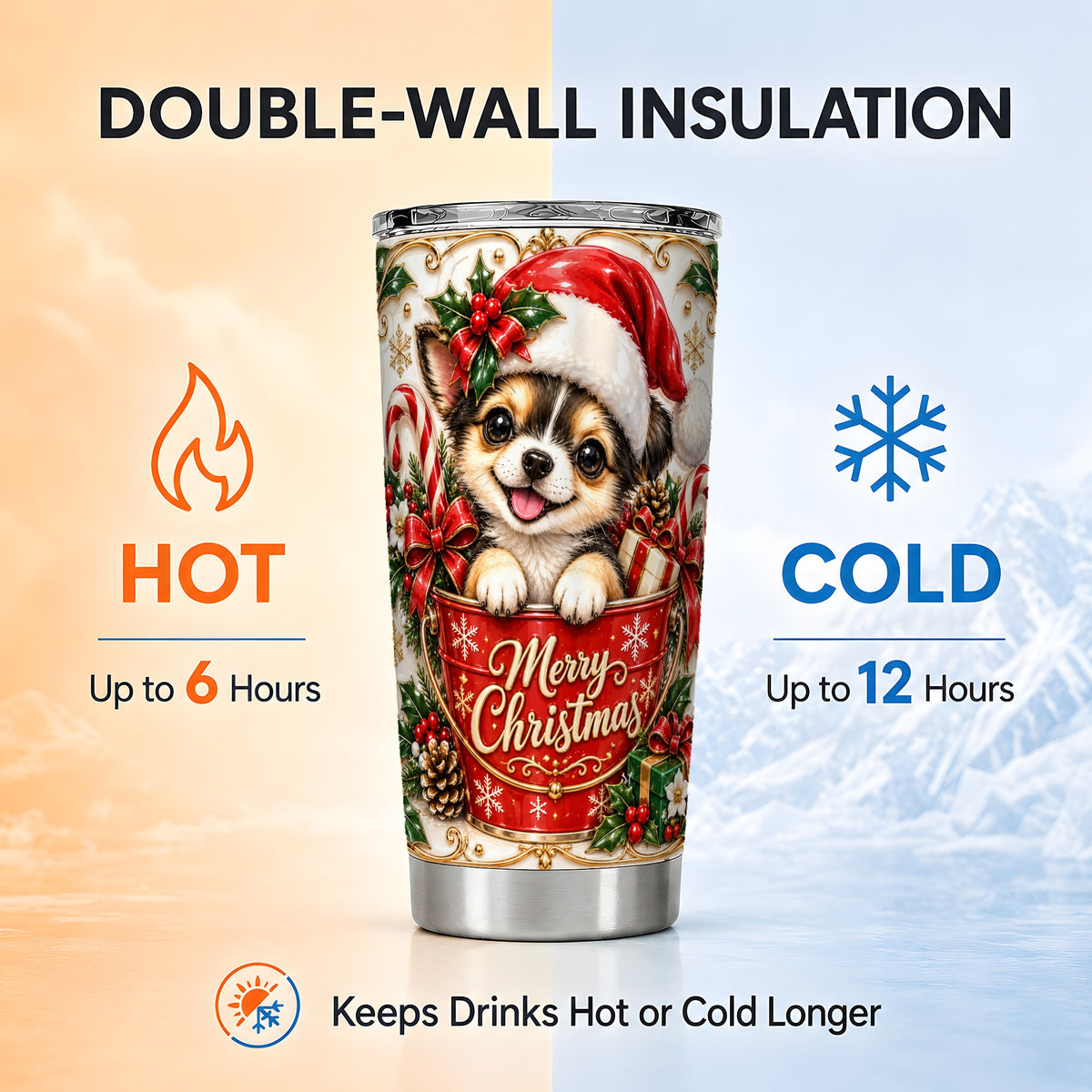 Christmas Chihuahua Tumbler 20oz, Ornate Puppy Stainless Steel Travel Cup