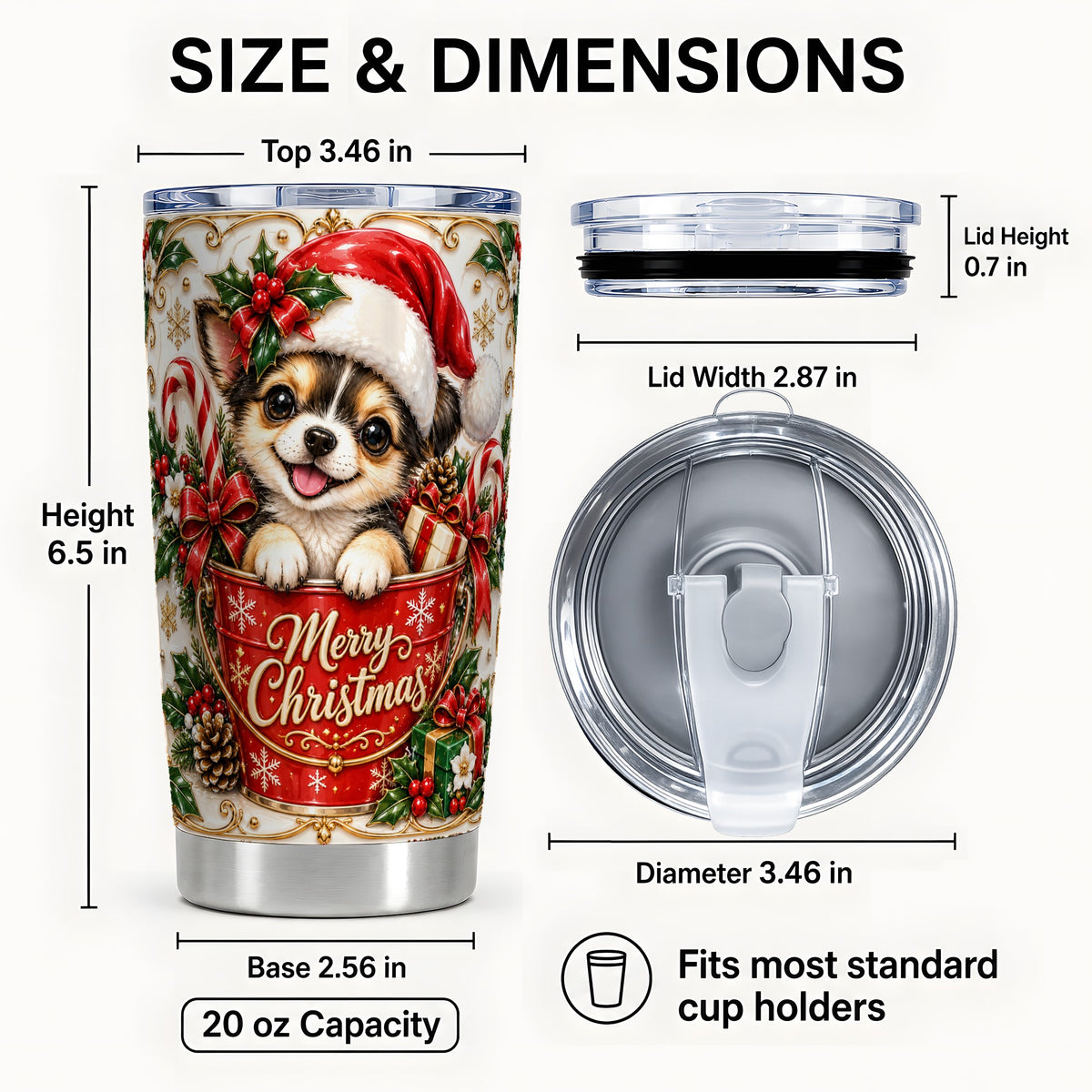 #pl[20oz|Steel] Christmas Chihuahua Tumbler 20oz, Ornate Puppy Stainless Steel Travel Cup
