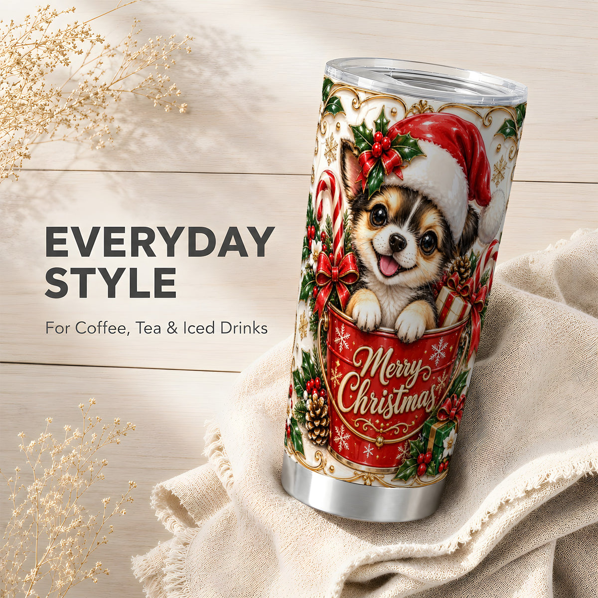 Christmas Chihuahua Tumbler 20oz, Ornate Puppy Stainless Steel Travel Cup