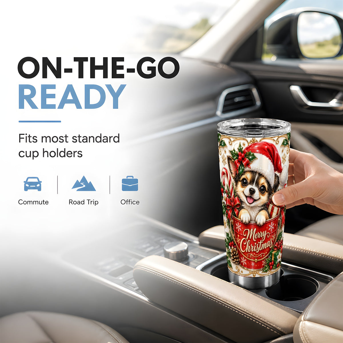 Christmas Chihuahua Tumbler 20oz, Ornate Puppy Stainless Steel Travel Cup