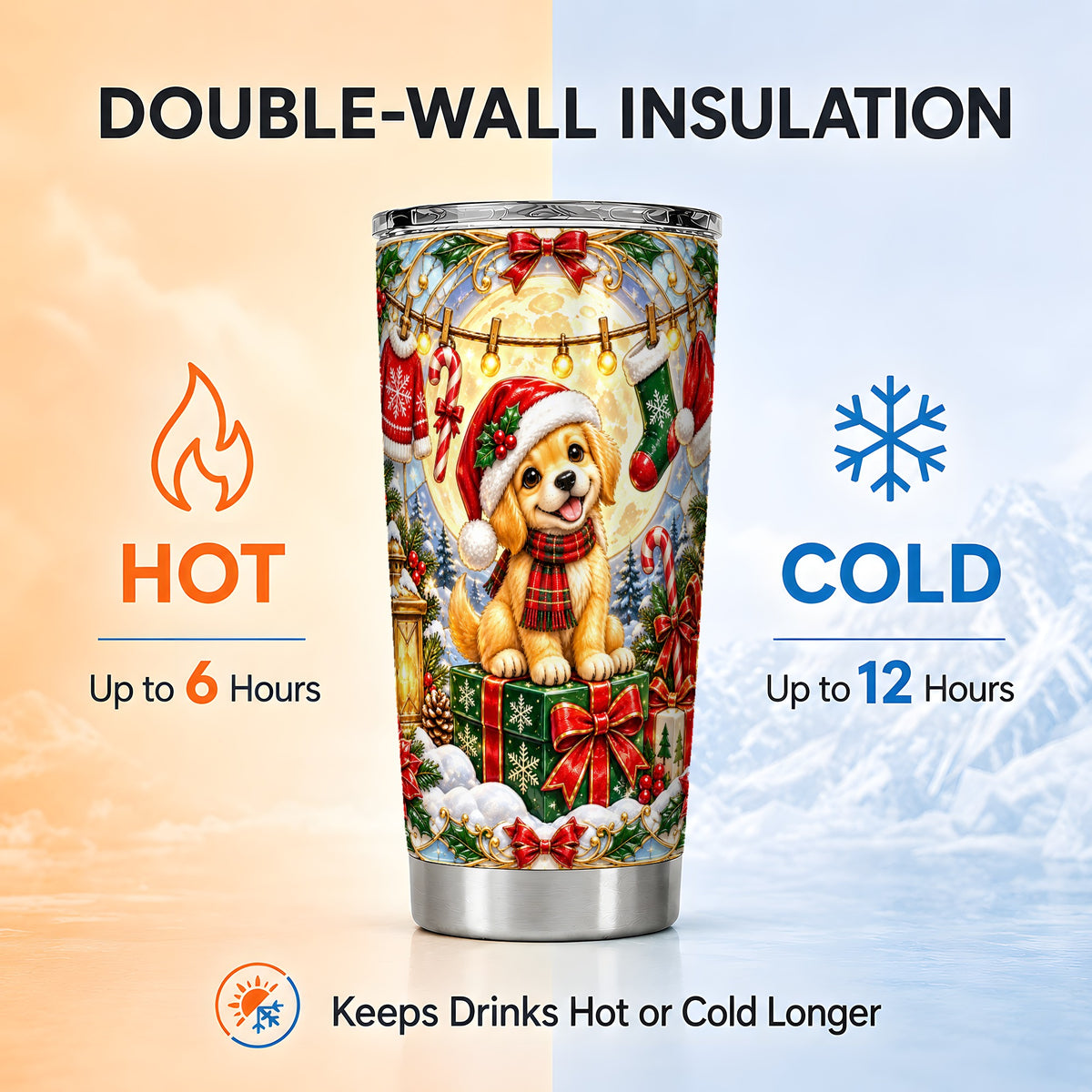 Christmas Golden Retriever Tumbler 20oz, Dog Stainless Steel Travel Cup
