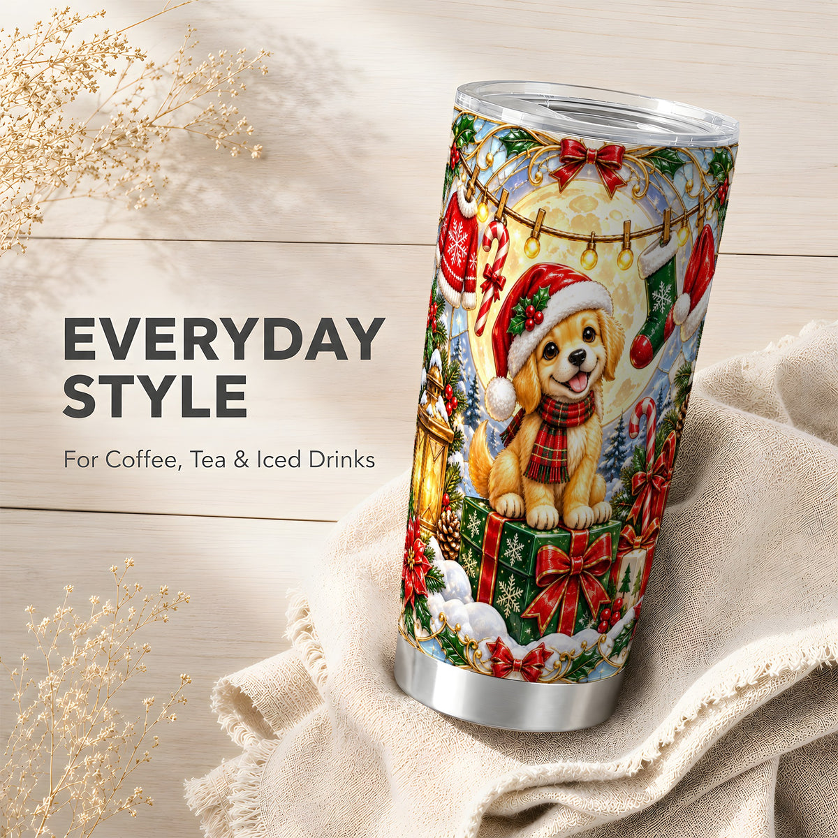 Christmas Golden Retriever Tumbler 20oz, Dog Stainless Steel Travel Cup