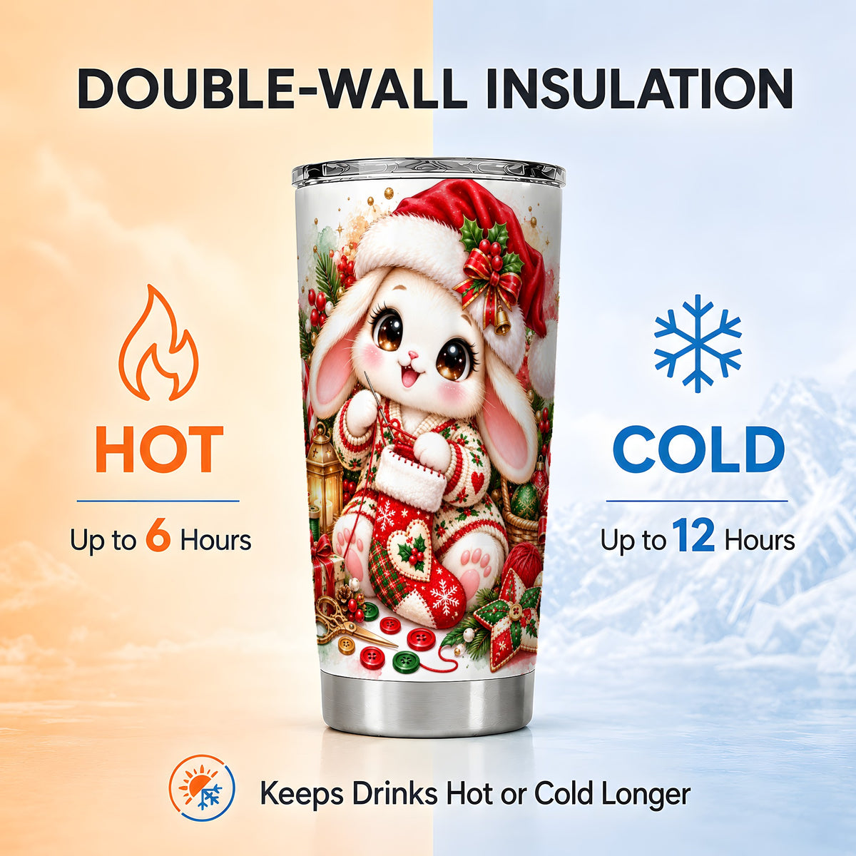 Christmas Bunny Tumbler 20oz, Knitting Rabbit Stainless Steel Travel Cup