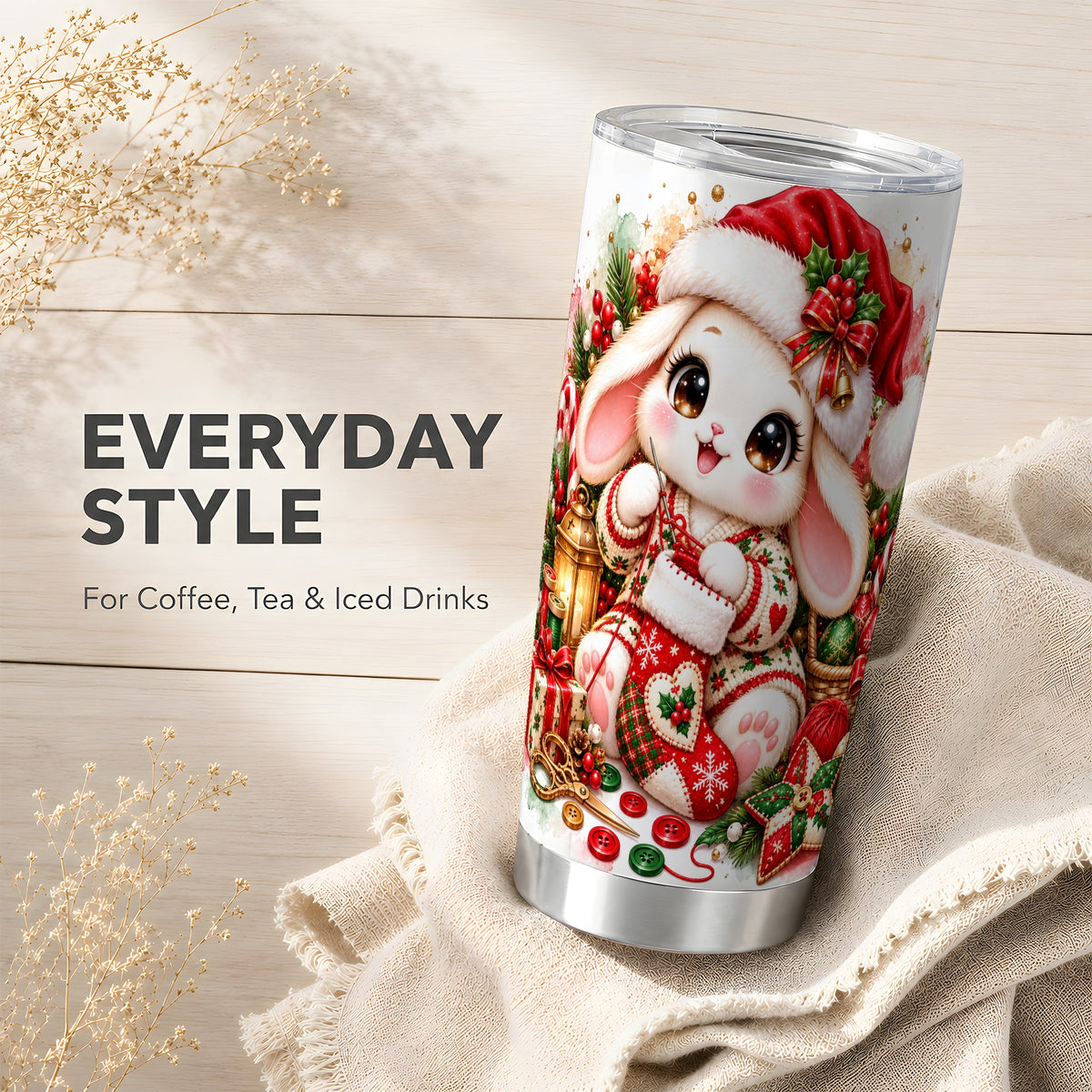 Christmas Bunny Tumbler 20oz, Knitting Rabbit Stainless Steel Travel Cup