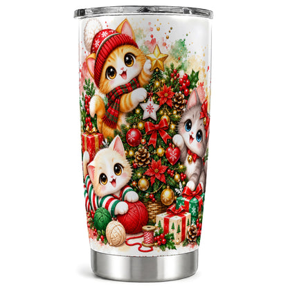 Christmas Kittens Tumbler 20oz, Holiday Cats Stainless Steel Travel Cup