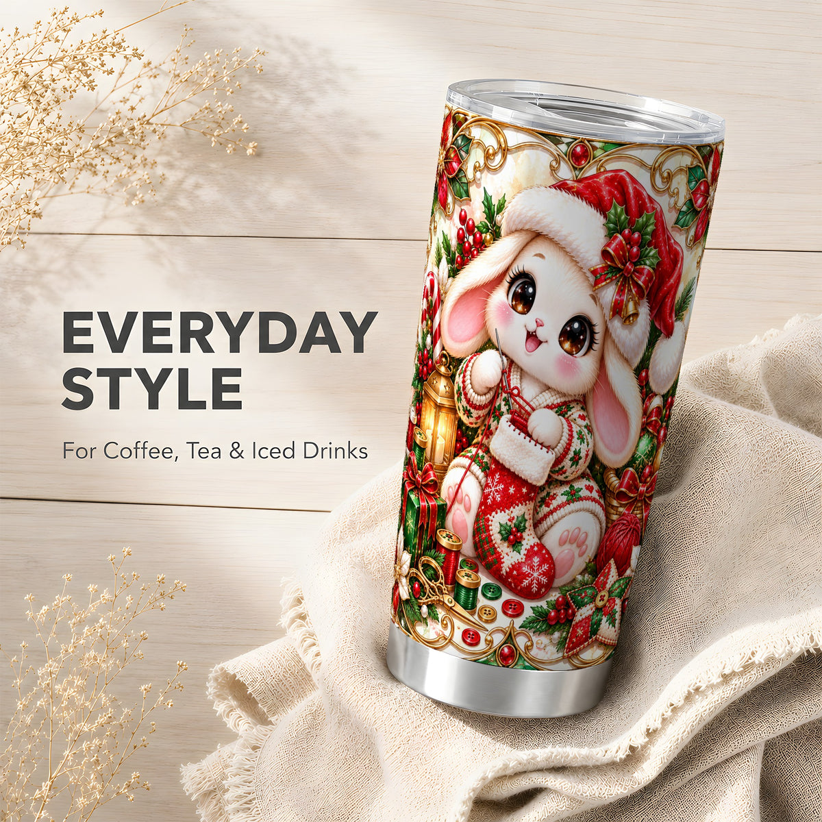 Christmas Bunny Tumbler 20oz, Holiday Rabbit Stainless Steel Travel Cup