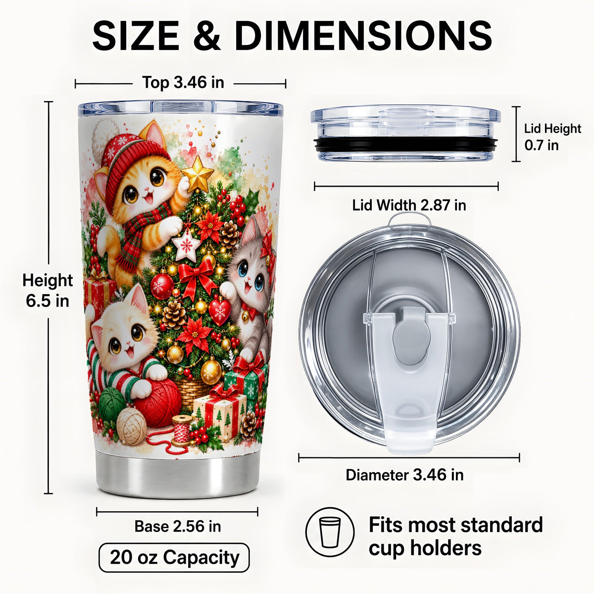 #pl[20oz|Steel] Christmas Kittens Tumbler 20oz, Holiday Cats Stainless Steel Travel Cup