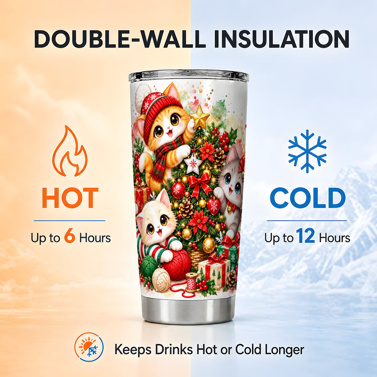 Christmas Kittens Tumbler 20oz, Holiday Cats Stainless Steel Travel Cup