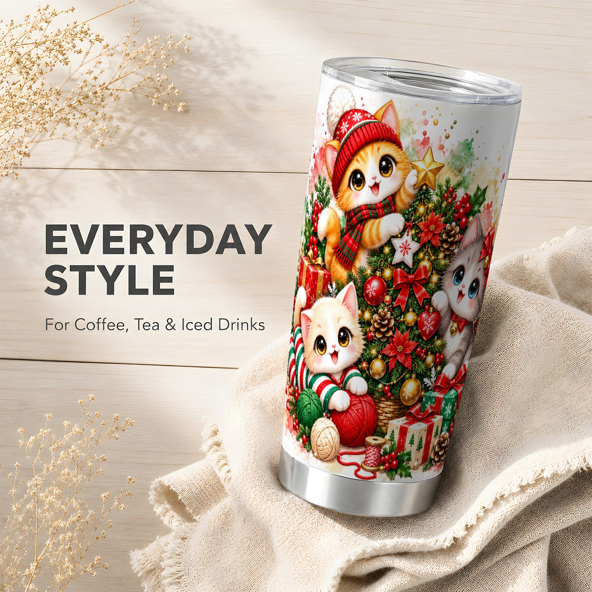 Christmas Kittens Tumbler 20oz, Holiday Cats Stainless Steel Travel Cup