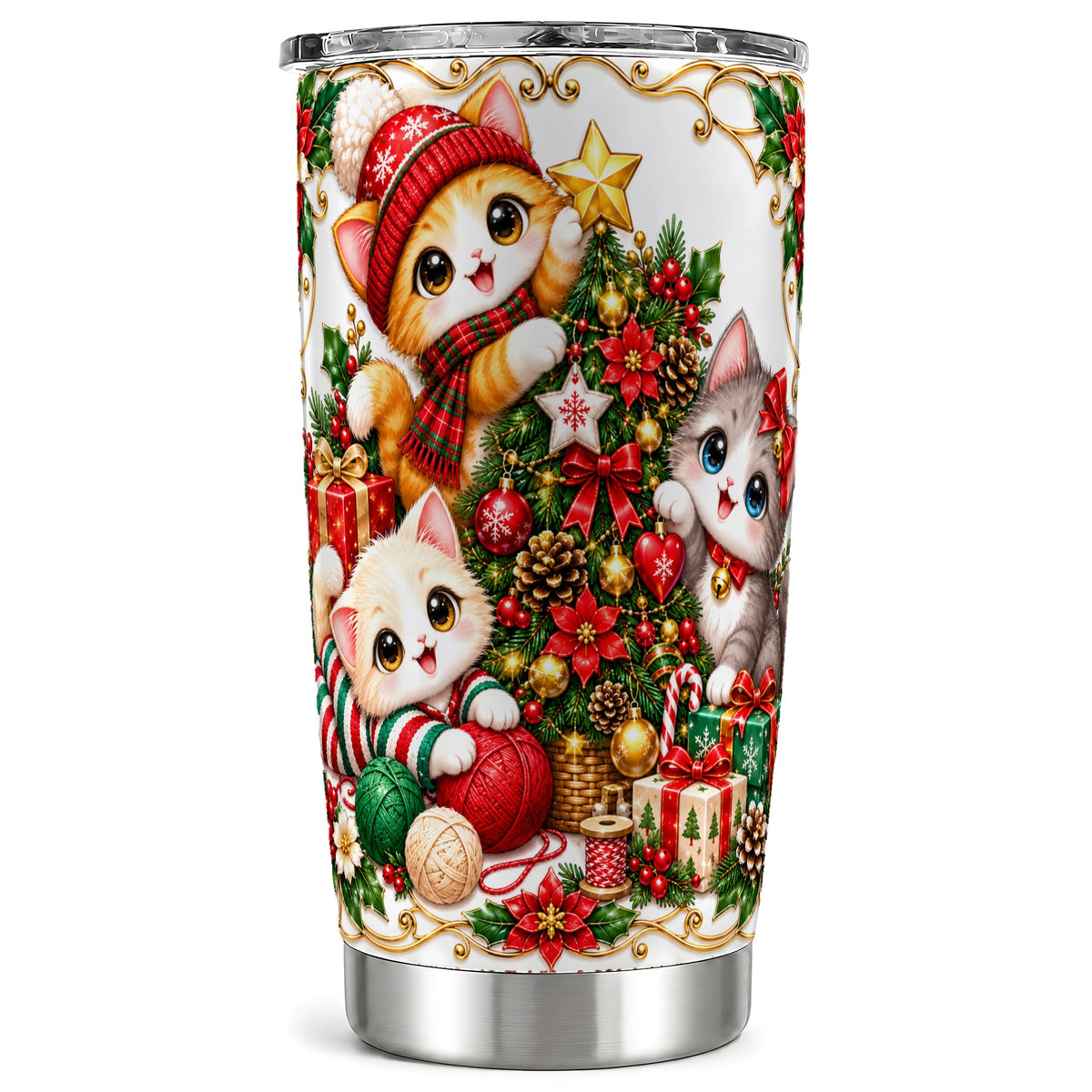 Christmas Kittens Tumbler 20oz, Festive Cats Stainless Steel Travel Cup
