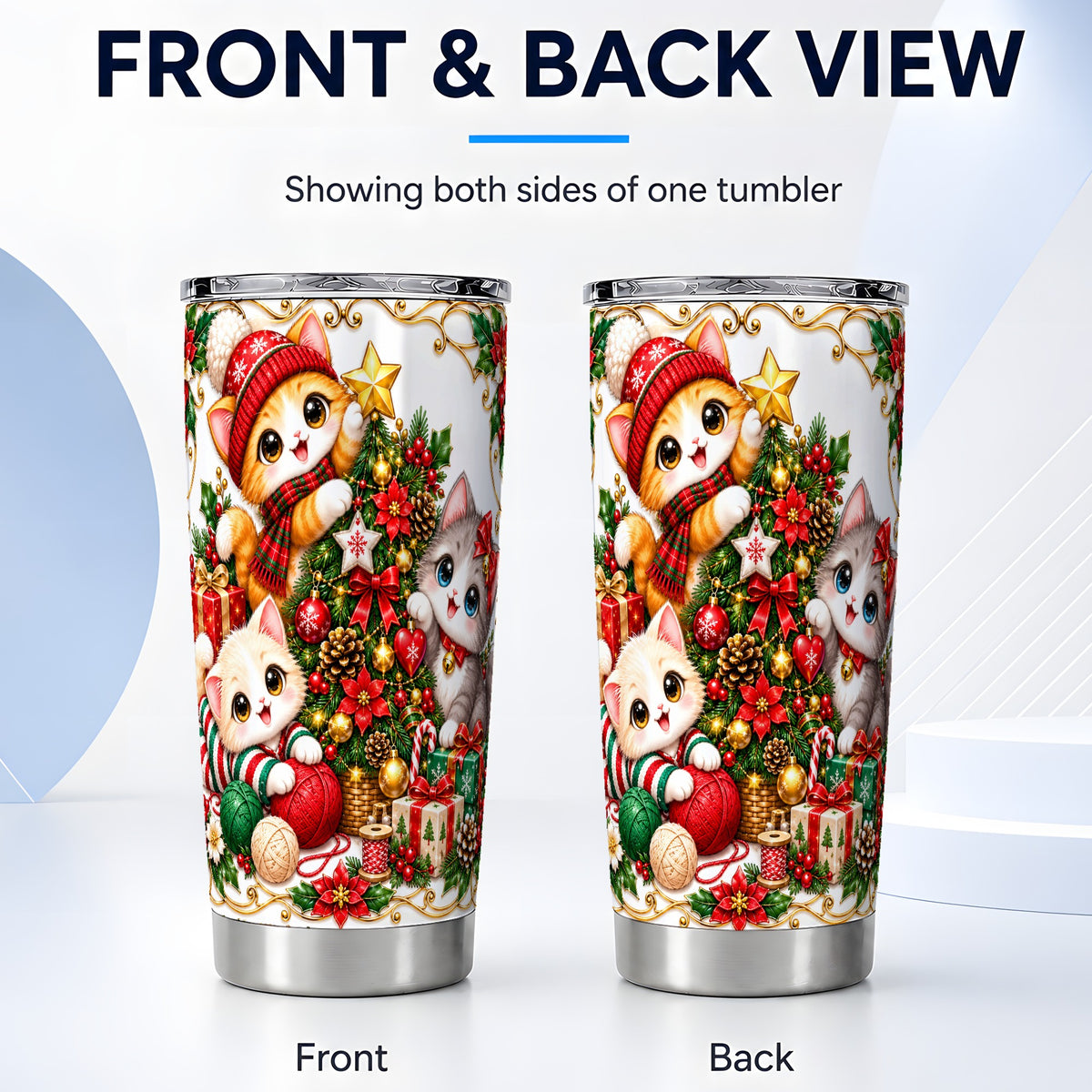 #pl[20oz|Steel] Christmas Kittens Tumbler 20oz, Festive Cats Stainless Steel Travel Cup