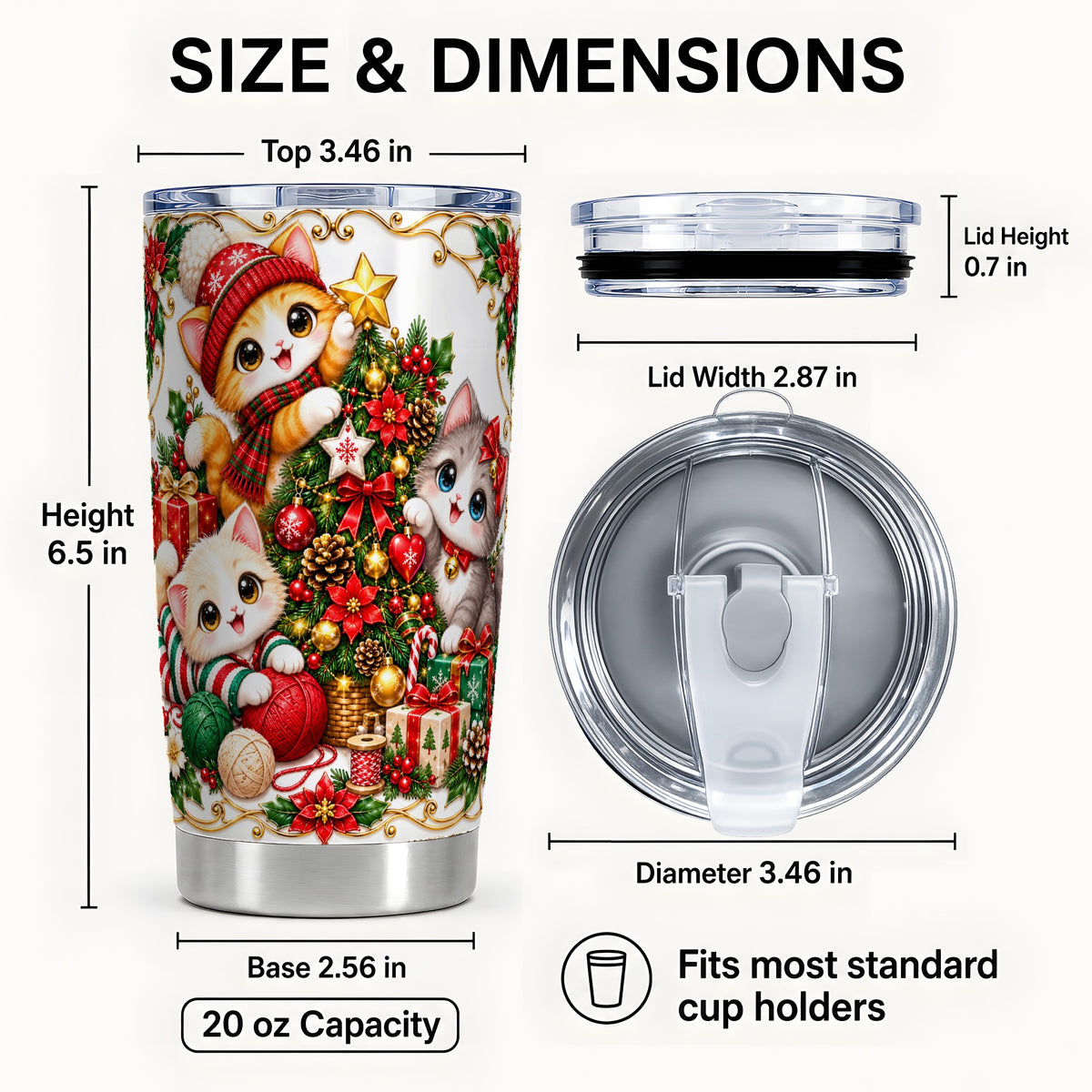 #pl[20oz|Steel] Christmas Kittens Tumbler 20oz, Festive Cats Stainless Steel Travel Cup