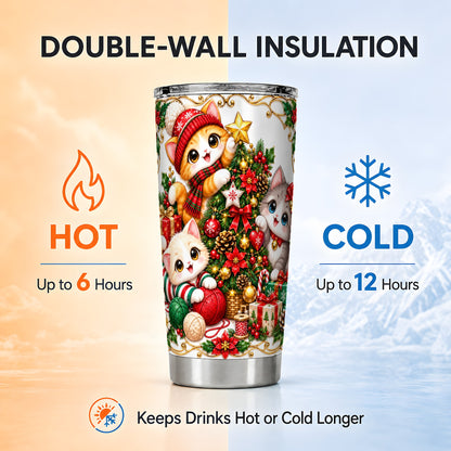 Christmas Kittens Tumbler 20oz, Festive Cats Stainless Steel Travel Cup