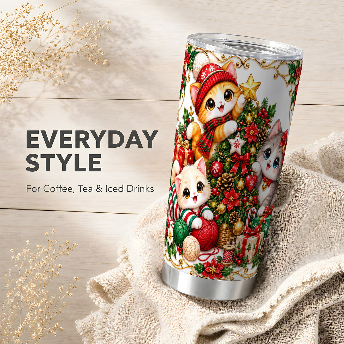 Christmas Kittens Tumbler 20oz, Festive Cats Stainless Steel Travel Cup