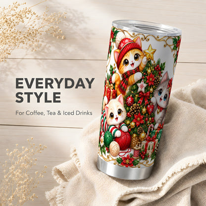 Christmas Kittens Tumbler 20oz, Festive Cats Stainless Steel Travel Cup
