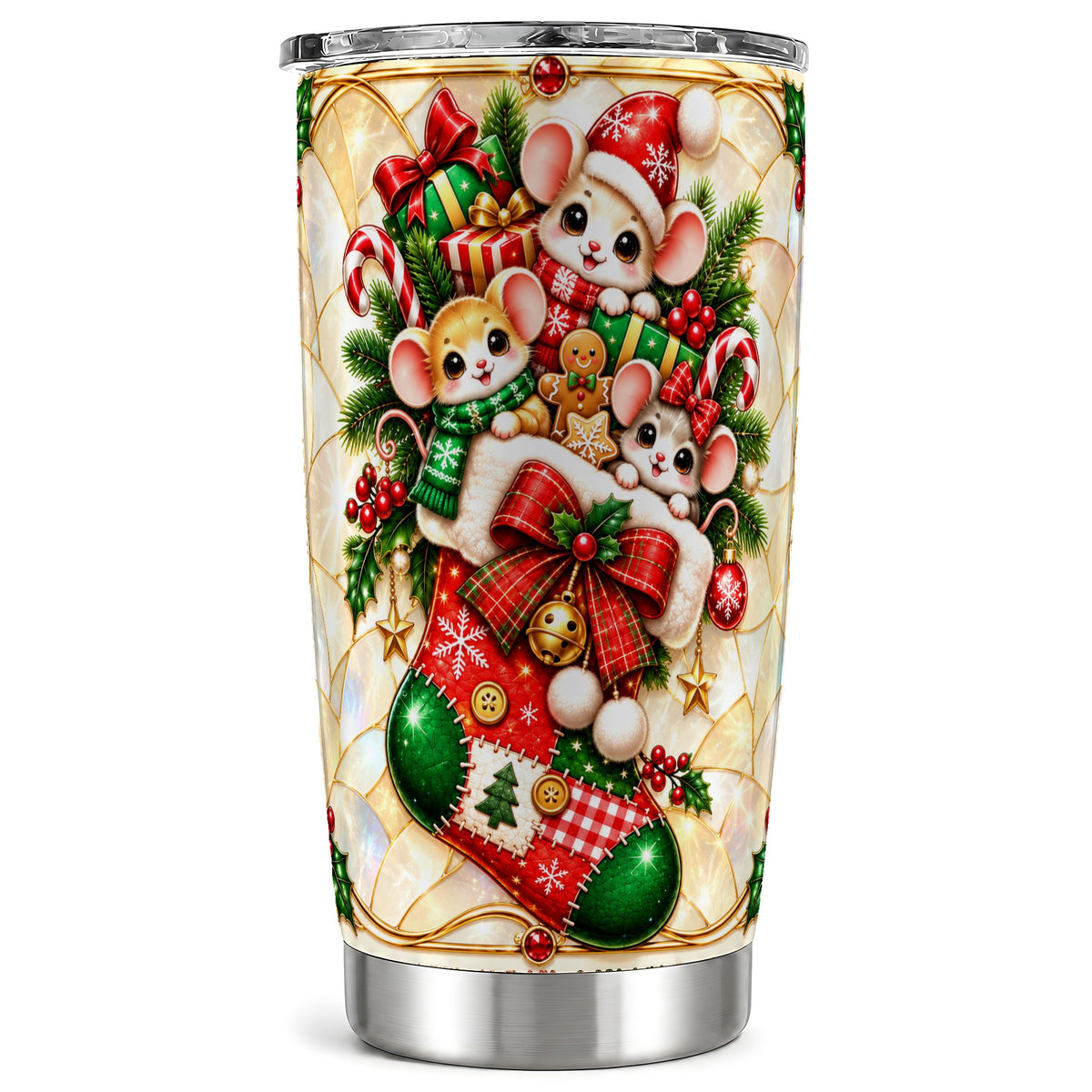 Christmas Mice Tumbler 20oz, Holiday Stocking Stainless Steel Travel Cup