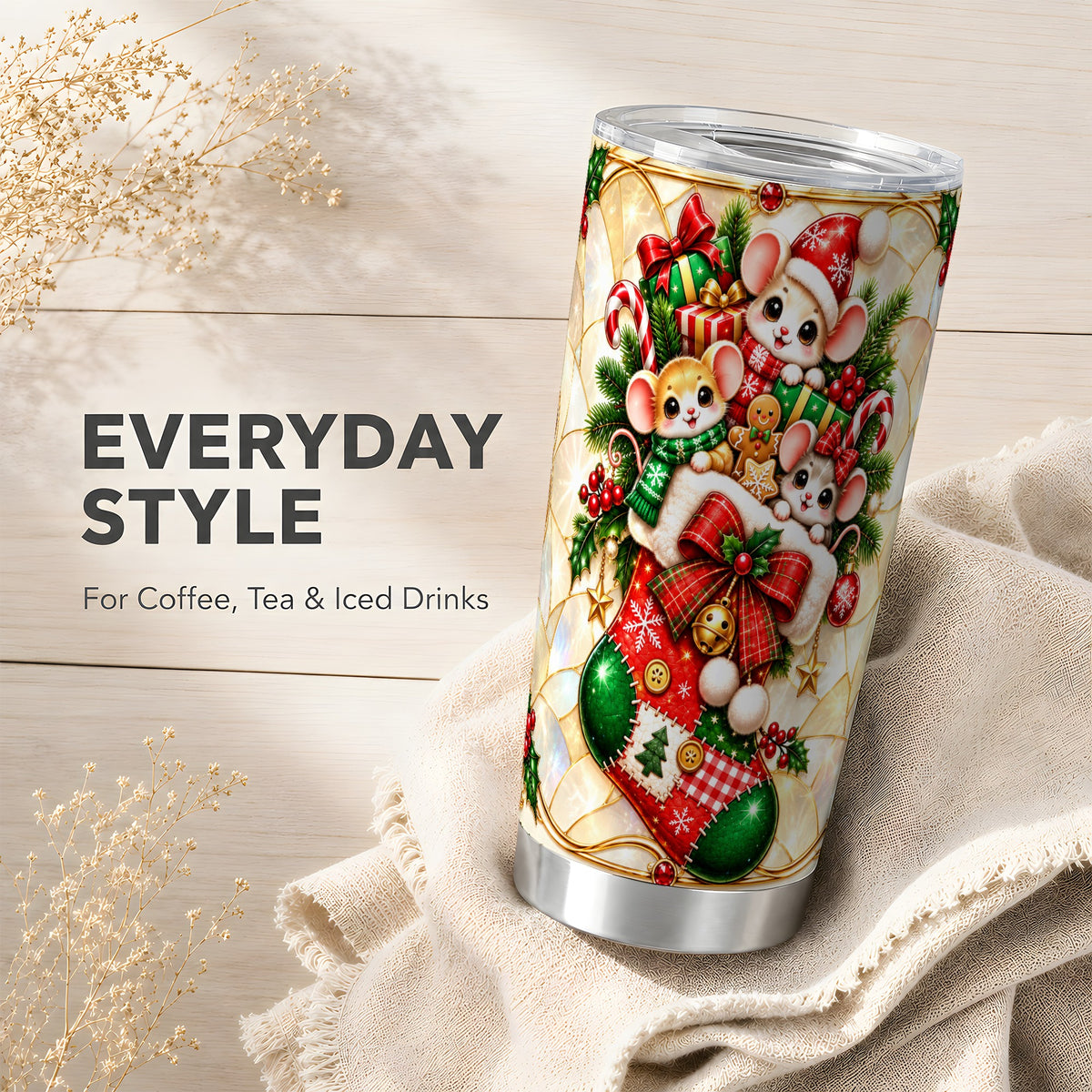 Christmas Mice Tumbler 20oz, Holiday Stocking Stainless Steel Travel Cup