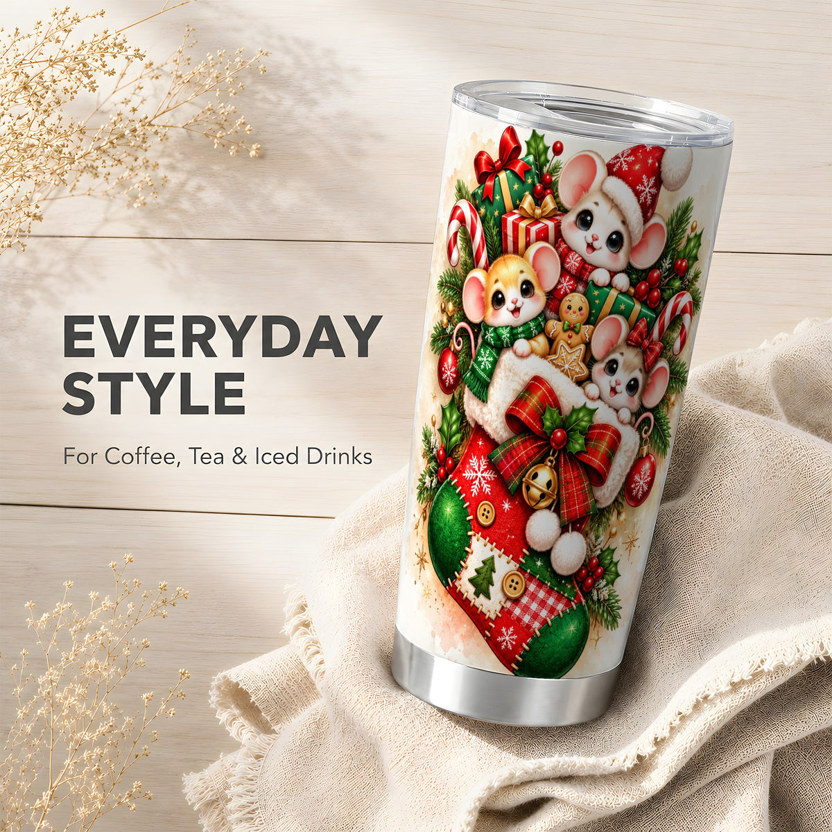 Christmas Mice Tumbler 20oz, Cute Holiday Stainless Steel Travel Cup