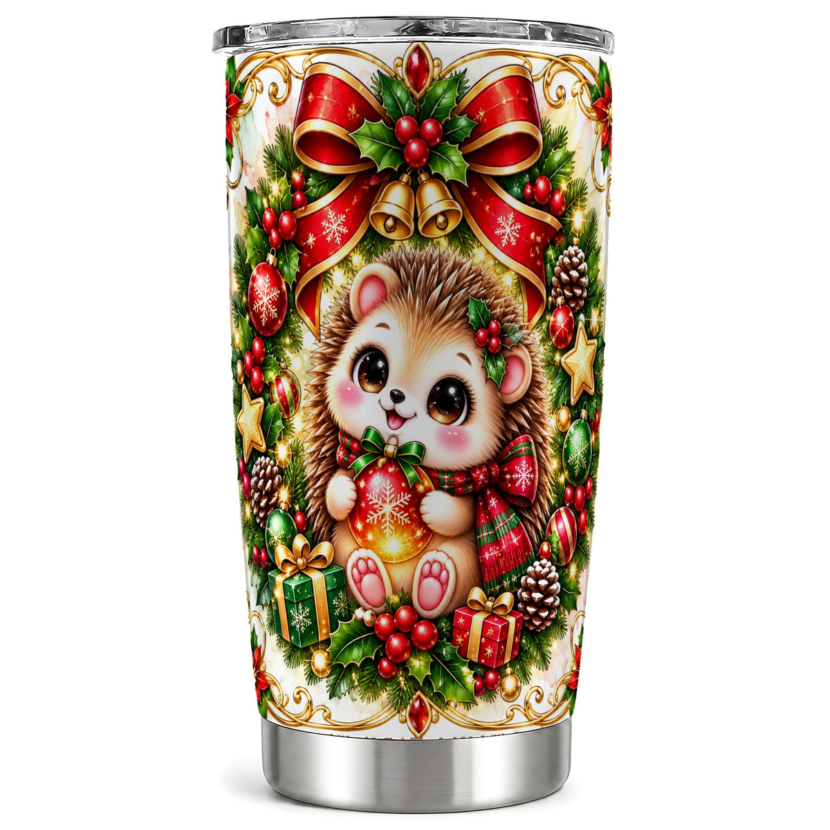 Christmas Hedgehog Tumbler 20oz, Woodland Stainless Steel Travel Cup