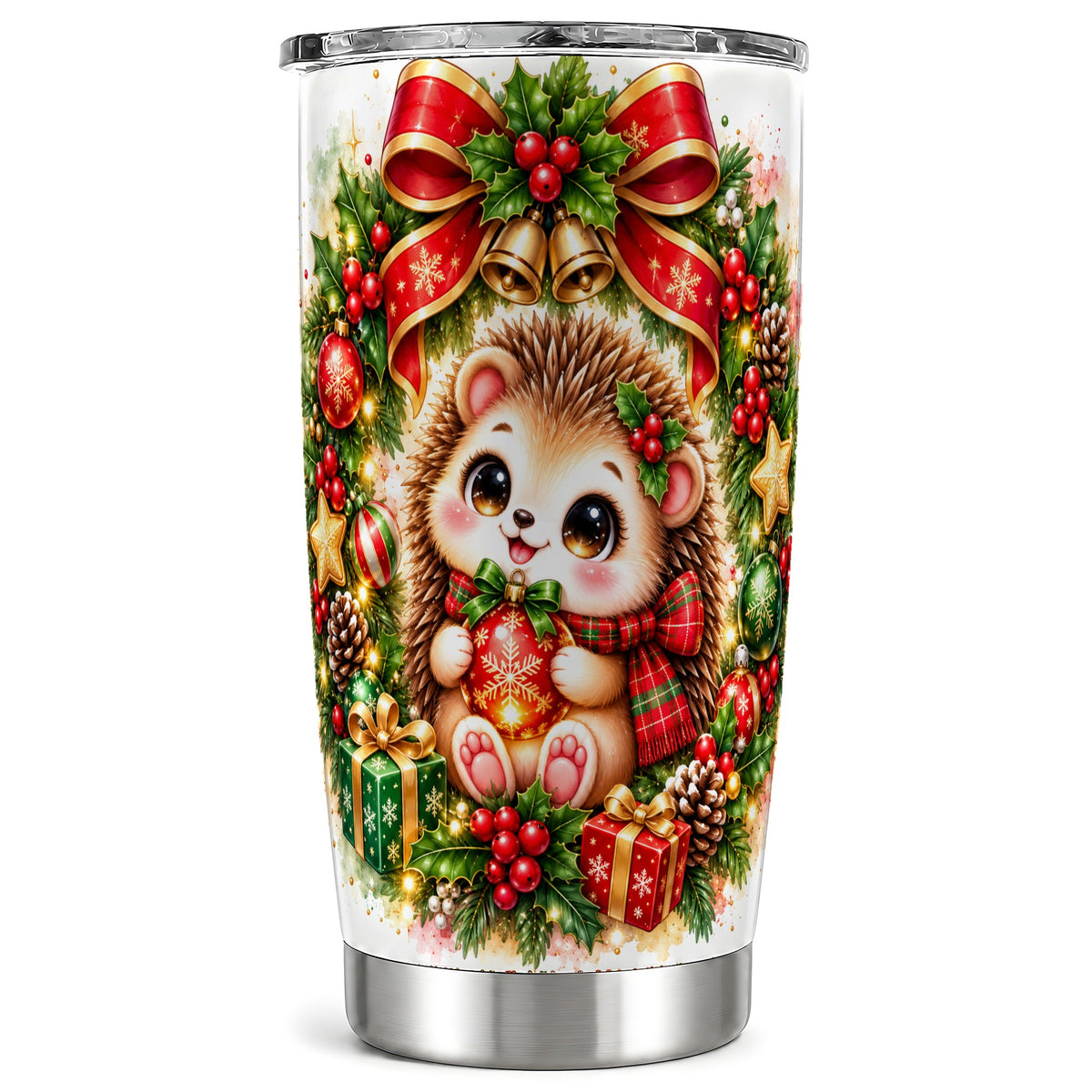 Cute Christmas Hedgehog Tumbler 20oz, Watercolor Stainless Steel Travel Cup